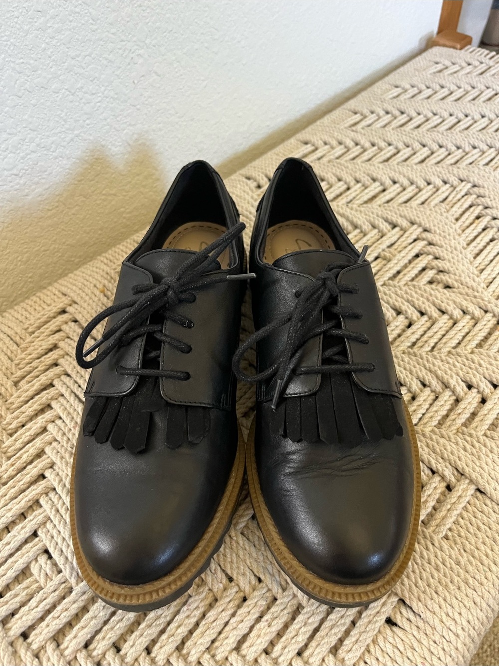 Clarks Black Leather Fringe Lace-Up Loafers
